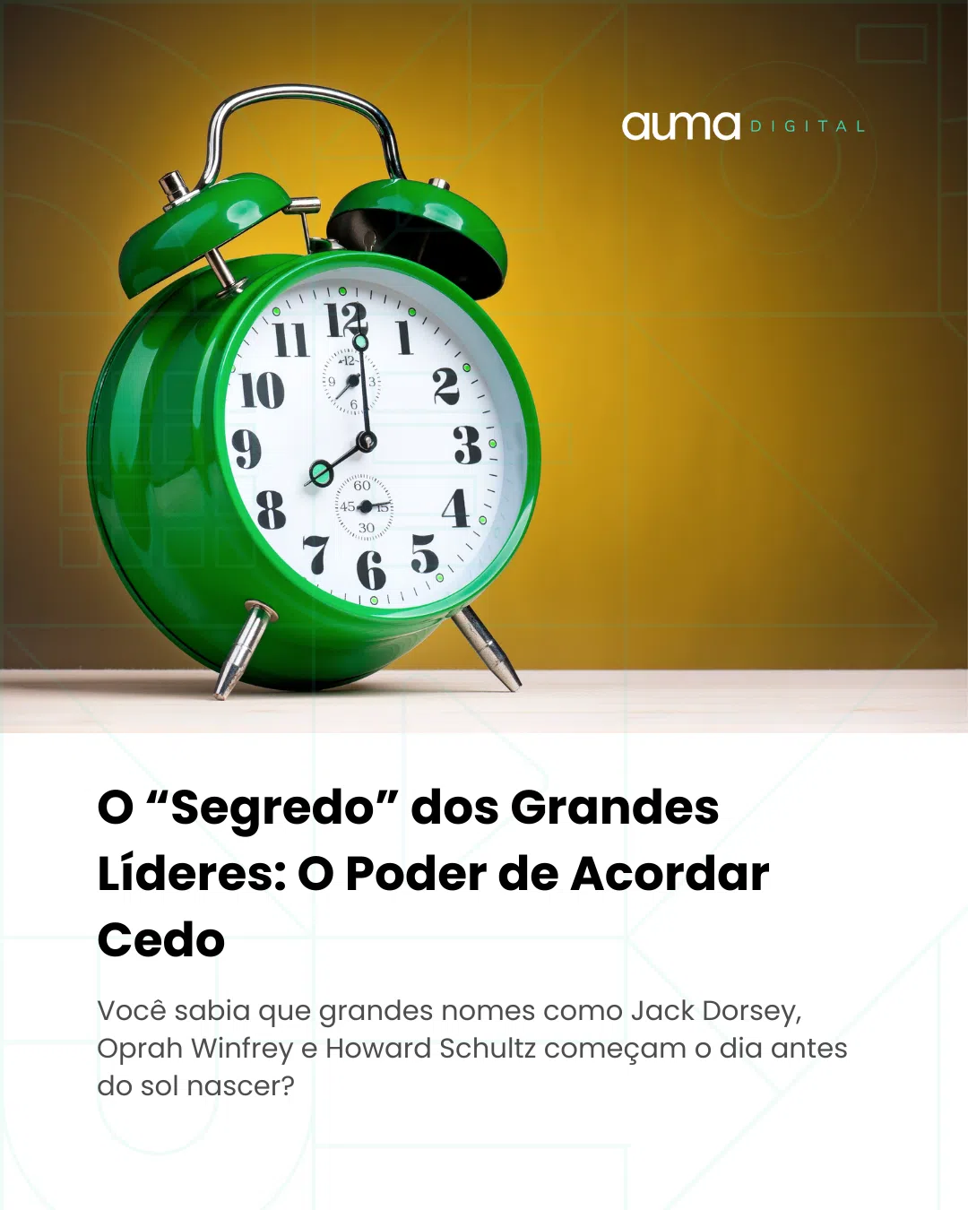 Acordar cedo pode ser uma excelente ferramenta, mas não é uma regra para o sucesso. Cada pessoa tem um ritmo único, e respeitá-lo é o verdadeiro segredo para uma vida produtiva e equilibrada. E, se no meio disso tudo você precisar de uma mãozinha para levar sua marca ao topo, conte com a AUMA. Afinal, sucesso se constrói em todas as horas do dia!